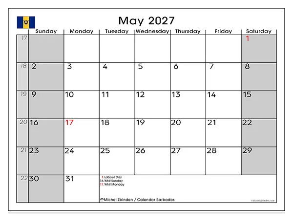 Printable May 2027 calendar - Barbados