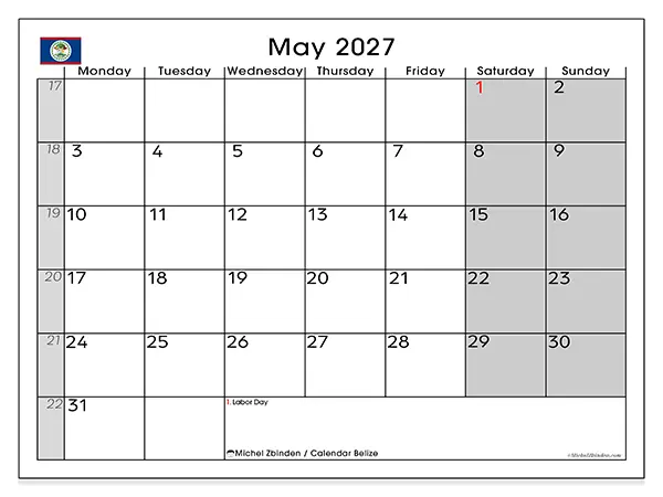 Printable May 2027 calendar - Belize