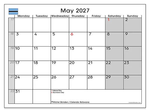 Printable May 2027 calendar - Botswana