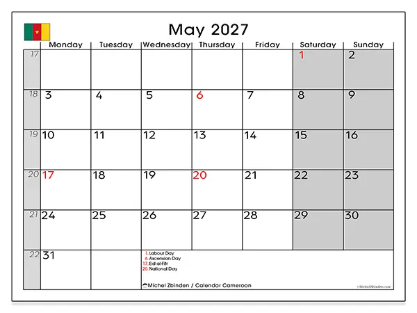 Printable May 2027 calendar - Cameroon