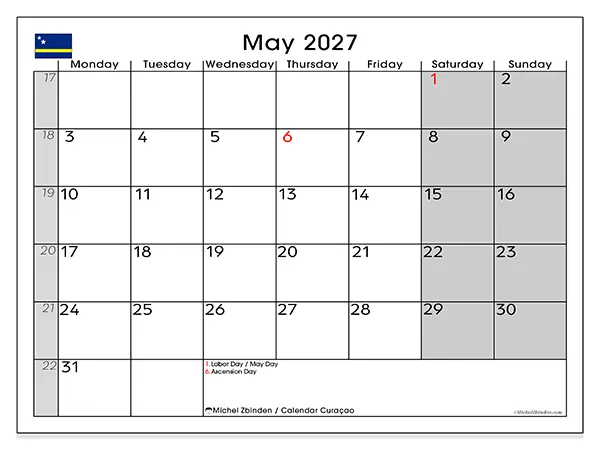 Printable May 2027 calendar - Curaçao