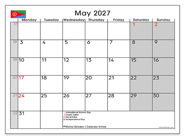 Printable May 2027 calendar - Eritrea