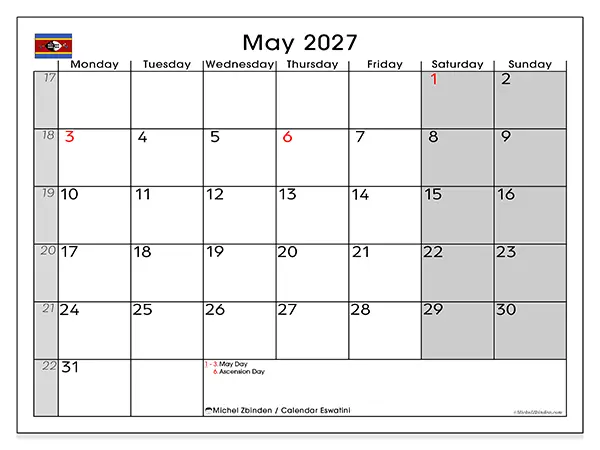 Printable May 2027 calendar - Eswatini