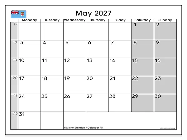 Printable May 2027 calendar - Fiji