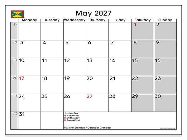 Printable May 2027 calendar - Grenada