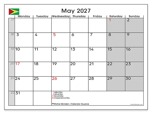Printable May 2027 calendar - Guyana