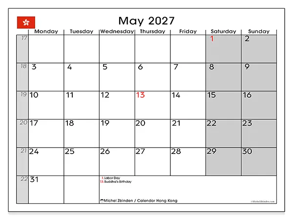 Printable May 2027 calendar - Hong Kong