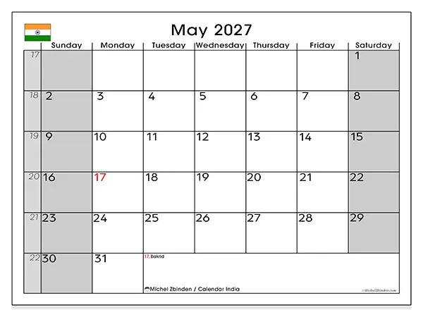 Printable May 2027 calendar - India