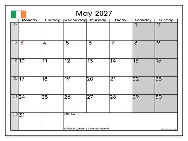 Printable May 2027 calendar - Ireland