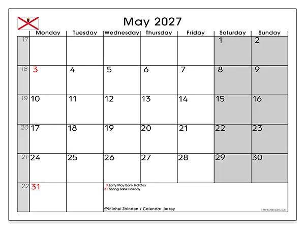Printable May 2027 calendar - Jersey