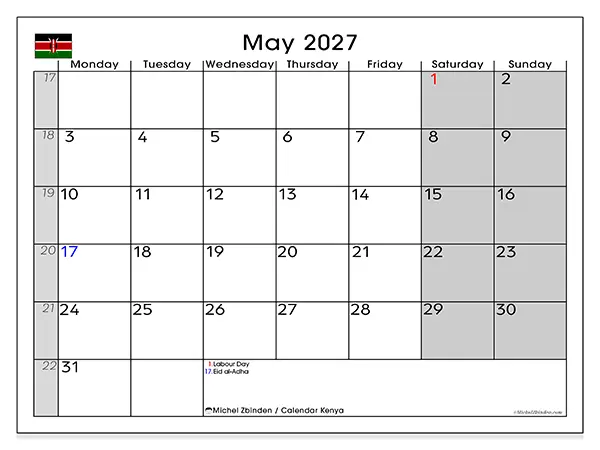 Printable May 2027 calendar - Kenya