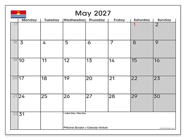 Printable May 2027 calendar - Kiribati