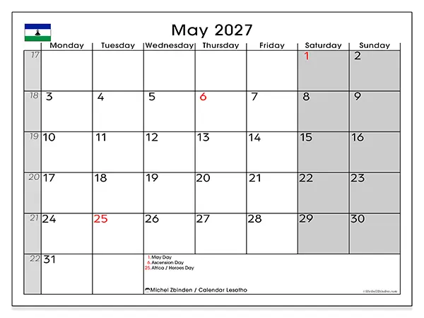 Printable May 2027 calendar - Lesotho