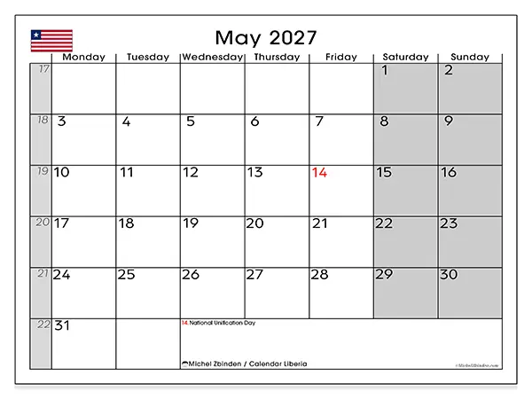 Printable May 2027 calendar - Liberia
