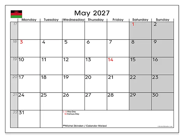 Printable May 2027 calendar - Malawi