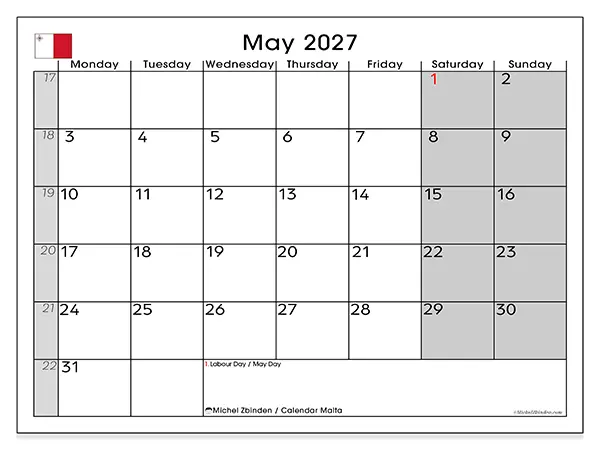 Printable May 2027 calendar - Malta