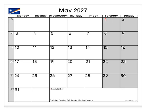 Printable May 2027 calendar - Marshall Islands