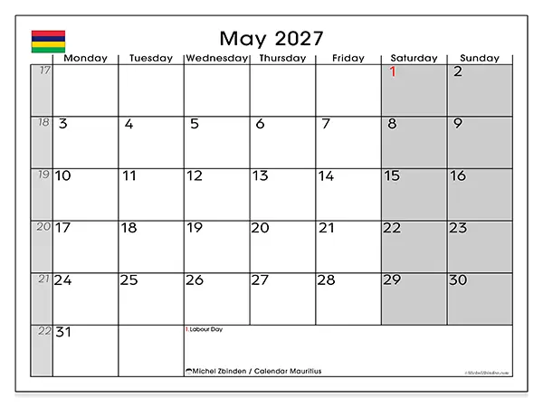 Printable May 2027 calendar - Mauritius