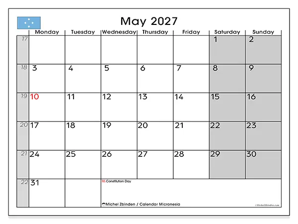 Printable May 2027 calendar - Micronesia
