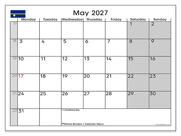Printable May 2027 calendar - Nauru