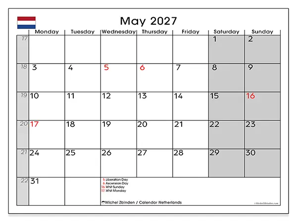 Printable May 2027 calendar - Netherlands