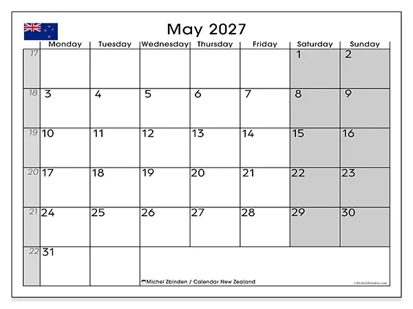 Printable May 2027 calendar - New Zealand