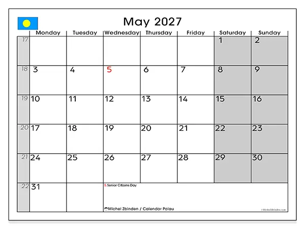 Printable May 2027 calendar - Palau