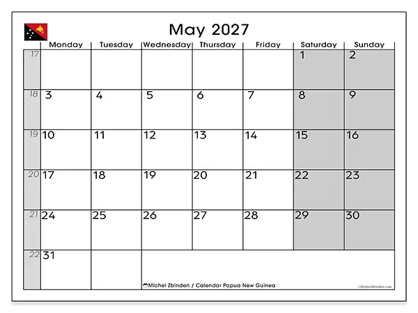 Printable May 2027 calendar - Papua New Guinea