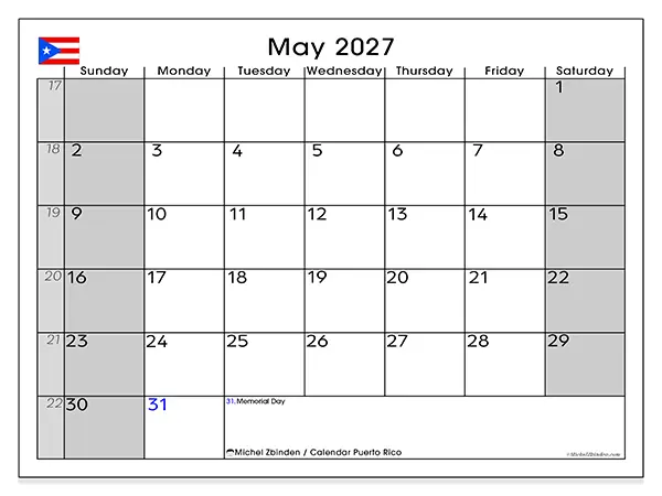 Printable May 2027 calendar - Puerto Rico