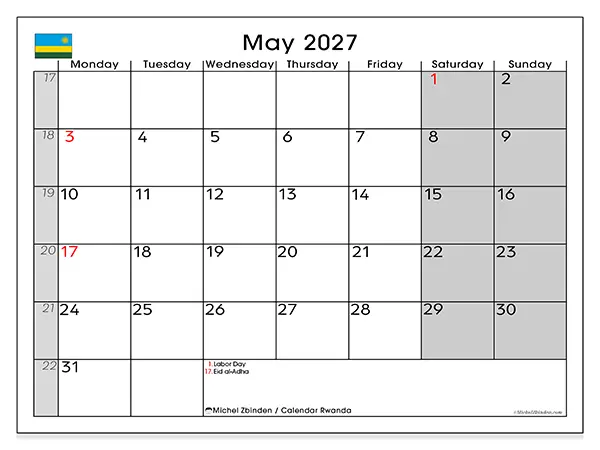 Printable May 2027 calendar - Rwanda