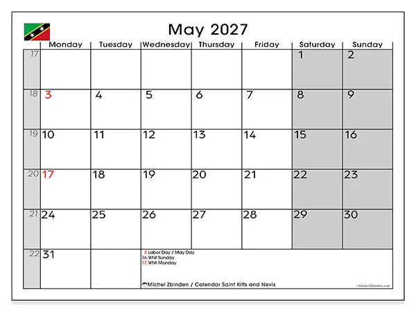 Printable May 2027 calendar - Saint Kitts and Nevis