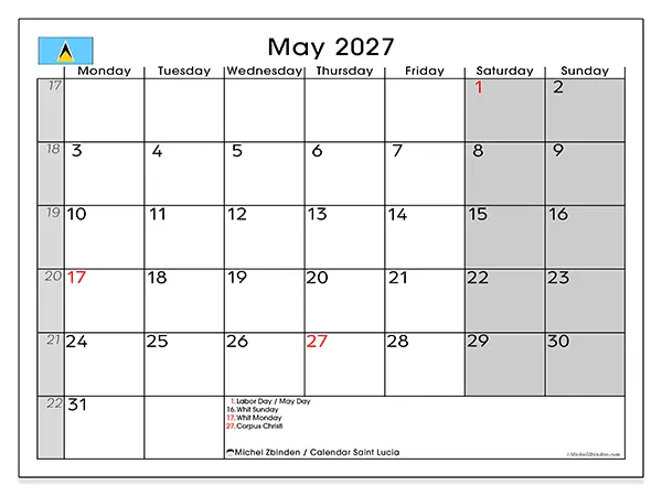 Printable May 2027 calendar - Saint Lucia