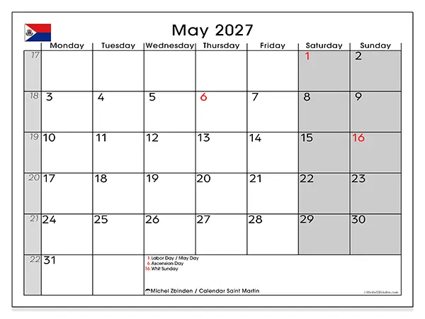 Printable May 2027 calendar - Saint Martin