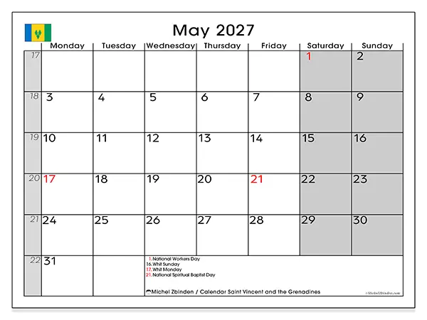 Printable May 2027 calendar - Saint Vincent and the Grenadines