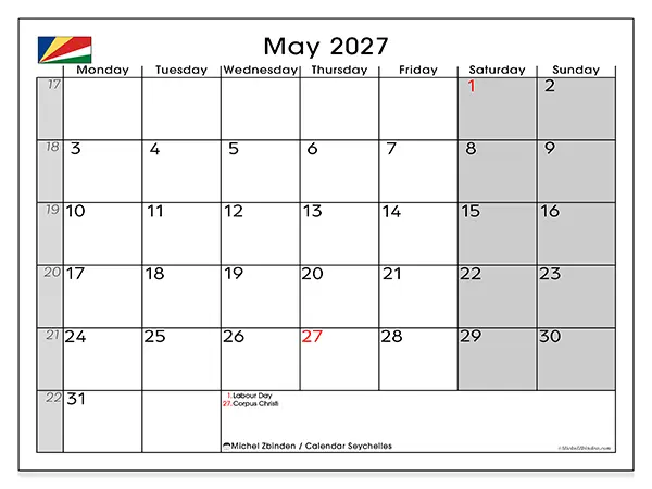 Printable May 2027 calendar - Seychelles