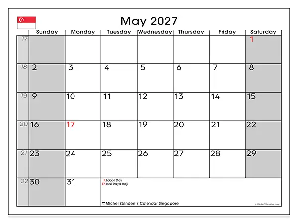 Printable May 2027 calendar - Singapore