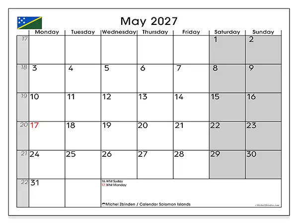 Printable May 2027 calendar - Solomon Islands