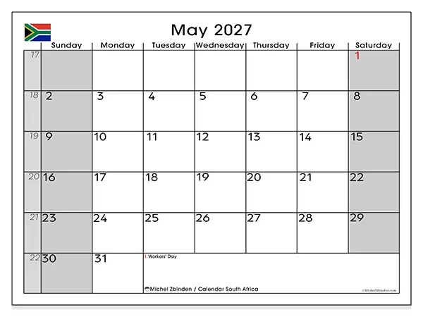 Printable May 2027 calendar - South Africa