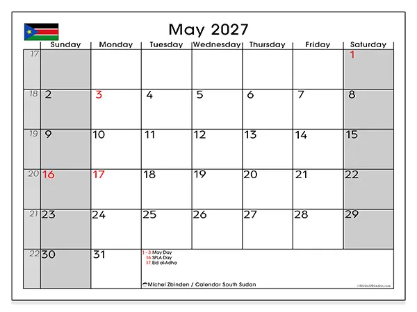 Printable May 2027 calendar - South Sudan