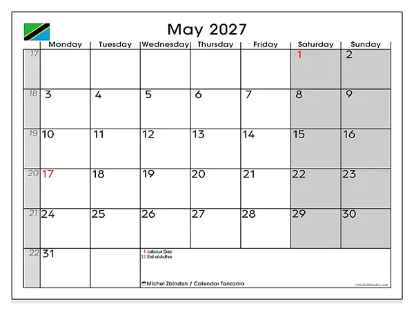 Printable May 2027 calendar - Tanzania