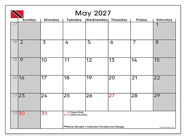 Printable May 2027 calendar - Trinidad and Tobago