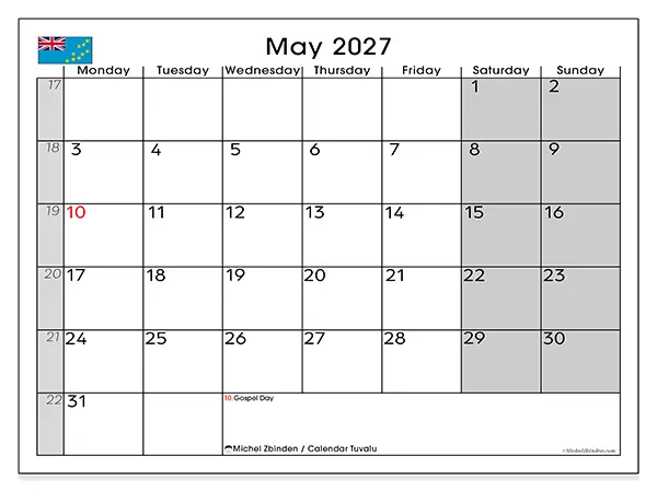 Printable May 2027 calendar - Tuvalu
