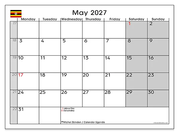 Printable May 2027 calendar - Uganda