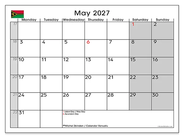 Printable May 2027 calendar - Vanuatu