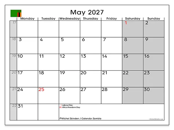 Printable May 2027 calendar - Zambia