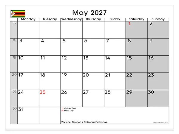 Printable May 2027 calendar - Zimbabwe