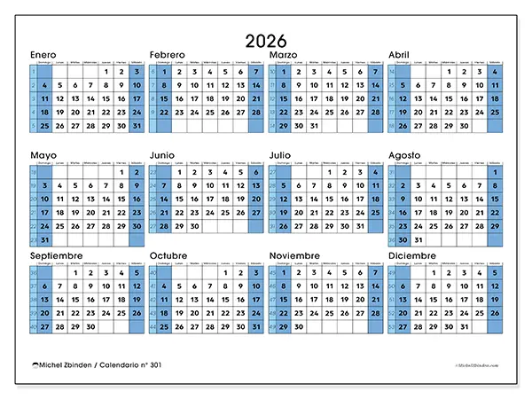 Calendario anual 2026 para imprimir - Preparado para la universidad - Semana de domingo a sábado