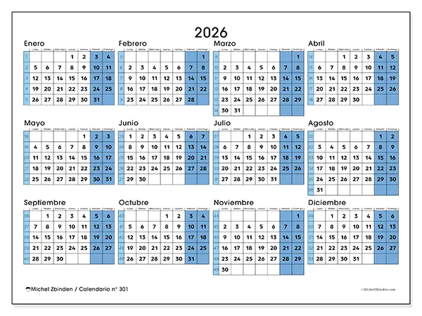 Calendario anual 2026 para imprimir - Preparado para la universidad
