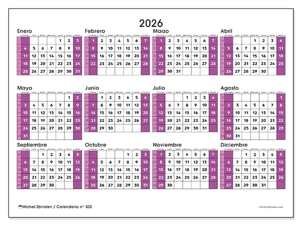 Calendario anual 2026 para imprimir - Oficina dinámica - Semana de domingo a sábado