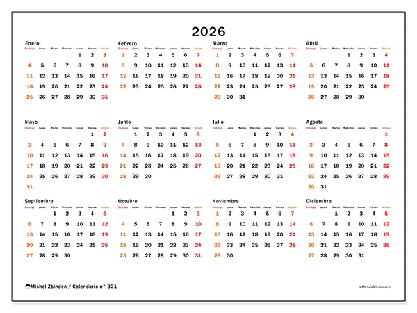Calendario anual 2026 para imprimir - Fin de semana destacado - Semana de domingo a sábado